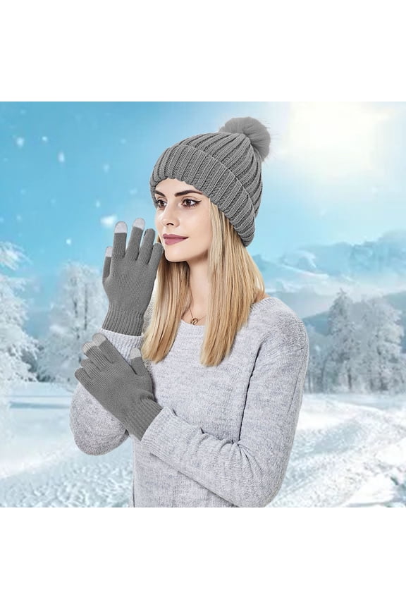 Womens Winter Hat Thick Knit Warm Beanie Hat Warm Knitted Soft Ski Cuff With Gloves,One Size,Winter Gloves,Scarf And Gloves Set For Women,Winter Hats For Women,Scarf For Women,,Silver