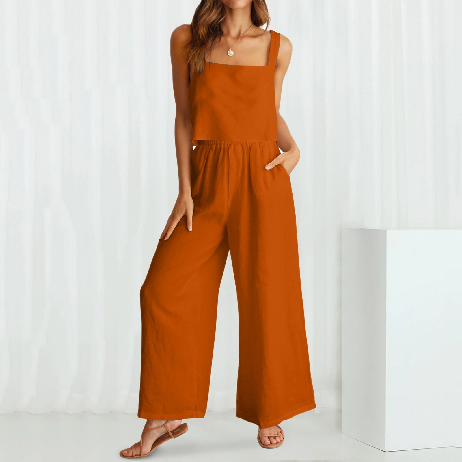 Baqcunre Work Pants For Women Women'S 2 Piece Outfits Square Neck Linen