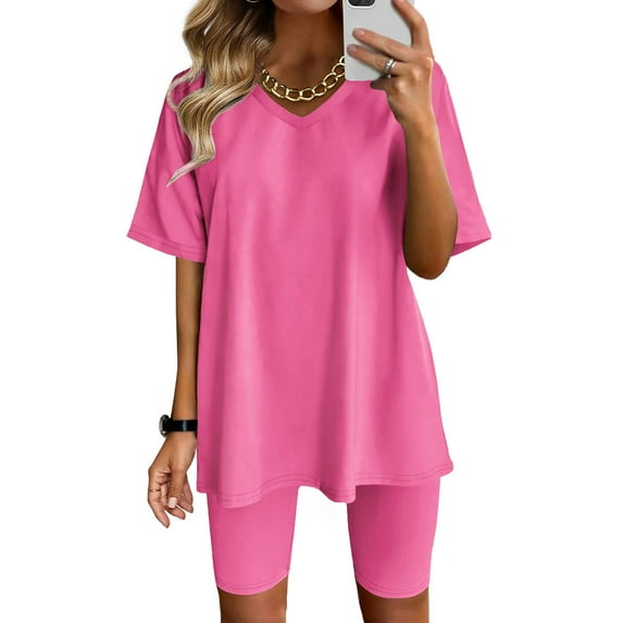 Baqcunre Workout Sets for Women Two Piece Outfits Short Sleeve Tops Short Pants Running Yoga Sport Sets Womens Fashion Outfits for Women Two Piece Sets for Women Womens Clothes Hot Pink S