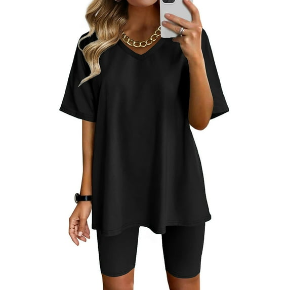 Baqcunre Workout Sets for Women Two Piece Outfits Short Sleeve Tops Short Pants Running Yoga Sport Sets Womens Fashion Outfits for Women Two Piece Sets for Women Womens Clothes Black L