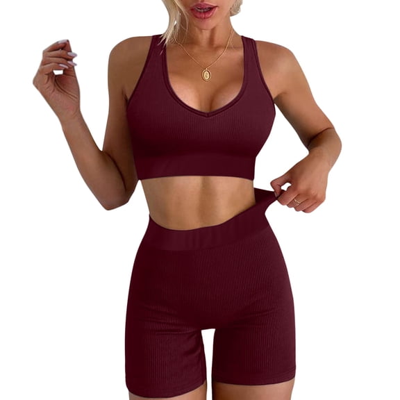 Baqcunre Workout Sets for Women Workout Sport Sets 2 Piece Ribbed Vest Tank High Waist Shorts Yoga Outfits Womens Fashion Outfits for Women Two Piece Sets for Women Womens Clothes Wine M