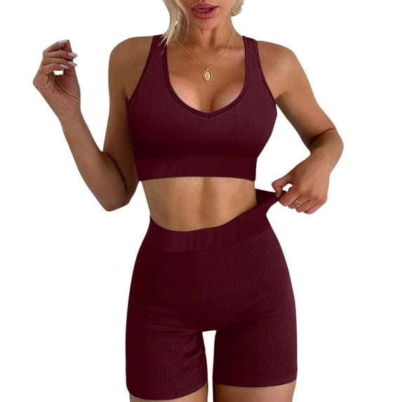 Baqcunre Workout Sets for Women Workout Sport Sets 2 Piece Ribbed Vest Tank High Waist Shorts Yoga Outfits Womens Fashion Outfits for Women Two Piece Sets for Women Womens Clothes Wine XL