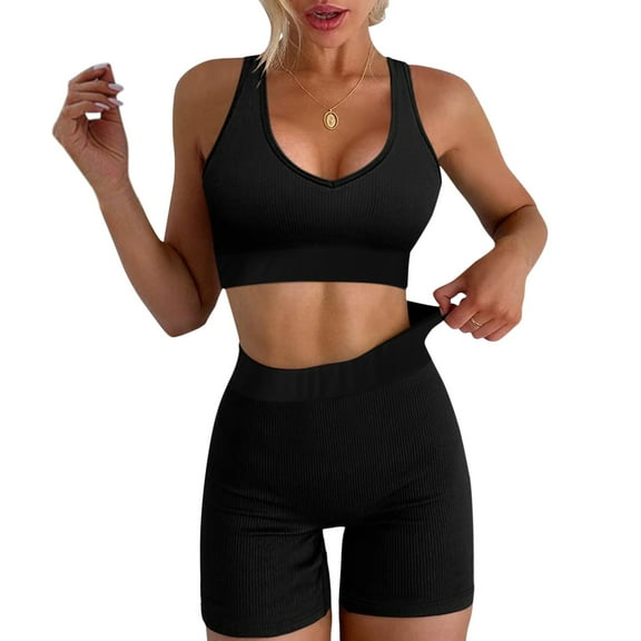Baqcunre Workout Sets for Women Workout Sport Sets 2 Piece Ribbed Vest Tank High Waist Shorts Yoga Outfits Womens Fashion Outfits for Women Two Piece Sets for Women Womens Clothes Black L