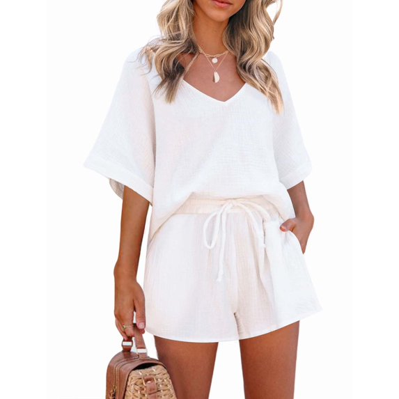 Baqcunre Workout Shorts Women'S Loose Cotton And Linen Suit V Neck Vest Tank Women'S Bottom Pants Shorts With Pockets Workout Sets For Women Women'S Pants White L