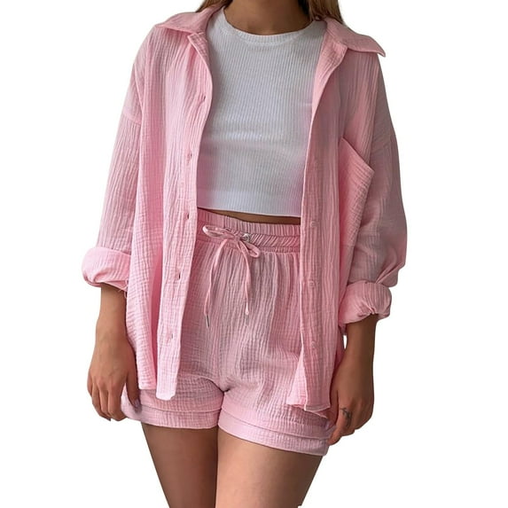 Baqcunre Workout Shorts Womens Women'S Spring Collar Long Sleeve Shirt High Waist Drawstring Shorts Large Set Lounge Sets For Women Pants For Women Pink M