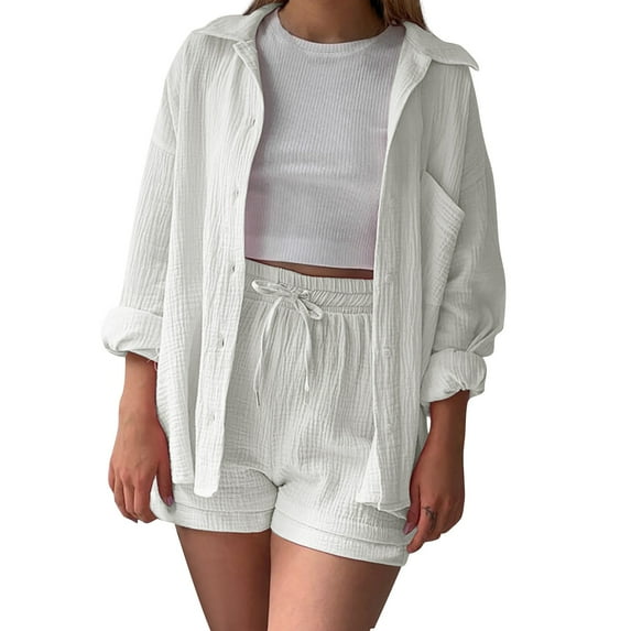 Baqcunre Workout Shorts Womens Women'S Spring Collar Long Sleeve Shirt High Waist Drawstring Shorts Large Set Lounge Sets For Women Pants For Women White M