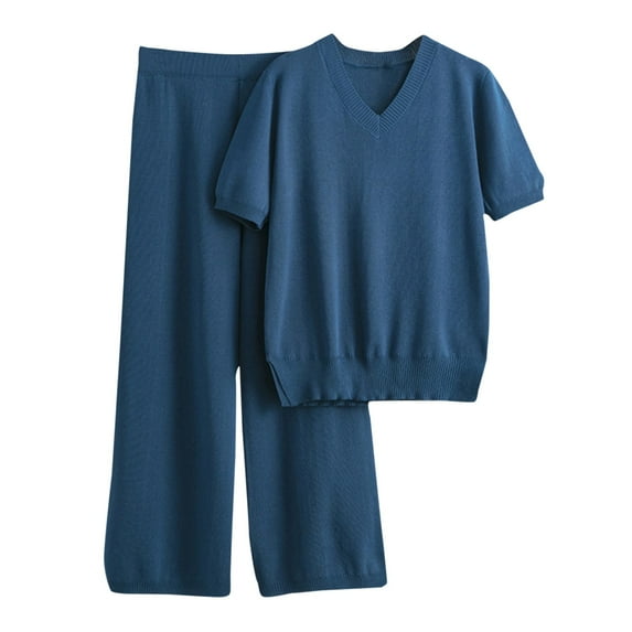 Baqcunre Workout Shorts Womens Women Temperament Loose Short Sleeve V Neck Top And Wide Leg Pants Knitted Two Piece Suit Workout Sets For Women Womens Pants Blue One Size
