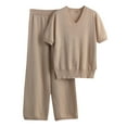 thumbnail image 1 of Baqcunre Workout Shorts Womens Women Temperament Loose Short Sleeve V Neck Top And Wide Leg Pants Knitted Two Piece Suit Workout Sets For Women Womens Pants Khaki One Size, 1 of 5