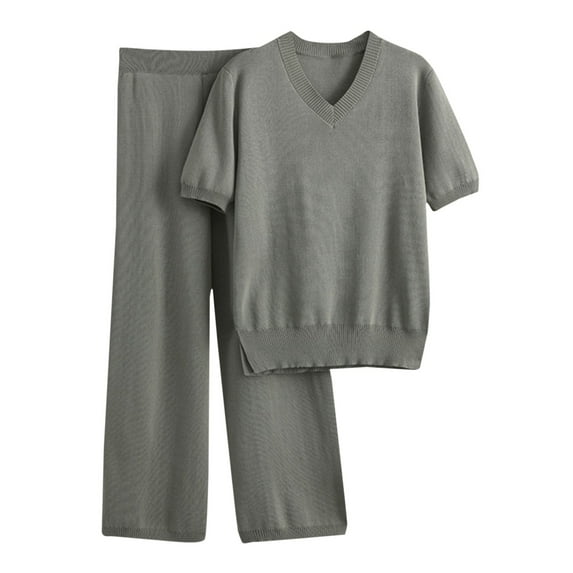 Baqcunre Workout Shorts Womens Women Temperament Loose Short Sleeve V Neck Top And Wide Leg Pants Knitted Two Piece Suit Workout Sets For Women Womens Pants Grey One Size