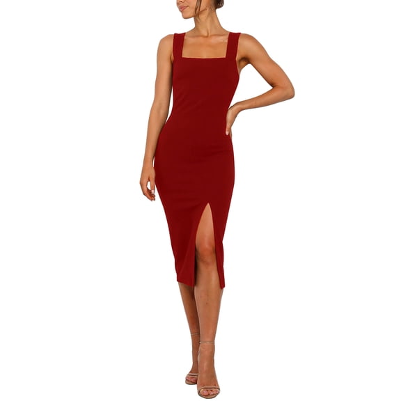 Baqcunre Wrap Dress Women's Solid Color Square Neckline Strap Bodycon Party Dress Summer Dresses for Women 2024 Dresses for Women 2024 Womens Dresses Red XL(Hot)