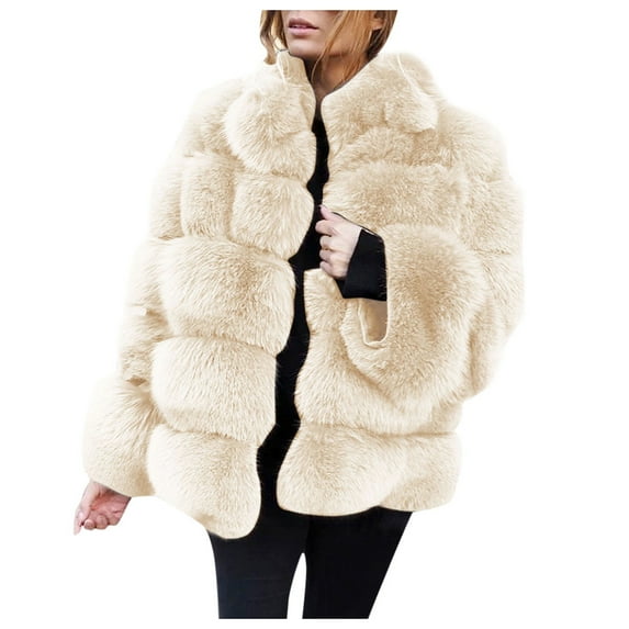 Baqcunre fleece jacket women Outerwear Size Coat Sleeve Jacket Short FauxLong Furry Women Faux Warm Plus Zipper Sweaters for Women No Hood Beige,M