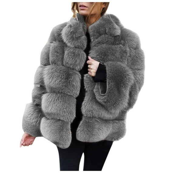 Baqcunre fleece jacket women Outerwear Size Coat Sleeve Jacket Short FauxLong Furry Women Faux Warm Plus Zipper Sweaters for Women No Hood Grey,2XL