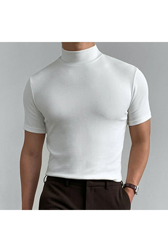 mens shirts T Shirt Short Sleeve Basic Mock Turtleneck Slim Fit Undershirt Pullover Thermal Solid Tops White,XL