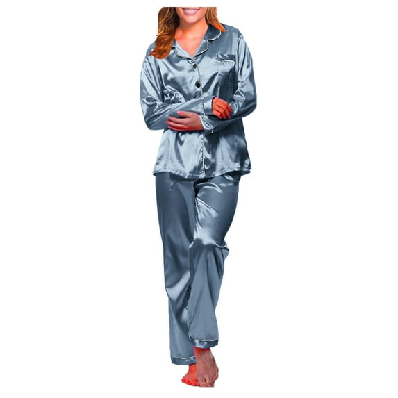 Baqcunre pajama sets for women 2 piece Womens Satin Pajama Set Long Sleeve Silky Sleepwear Soft Button Down Loungewear Silk Pjs Top with Pants Navy,M