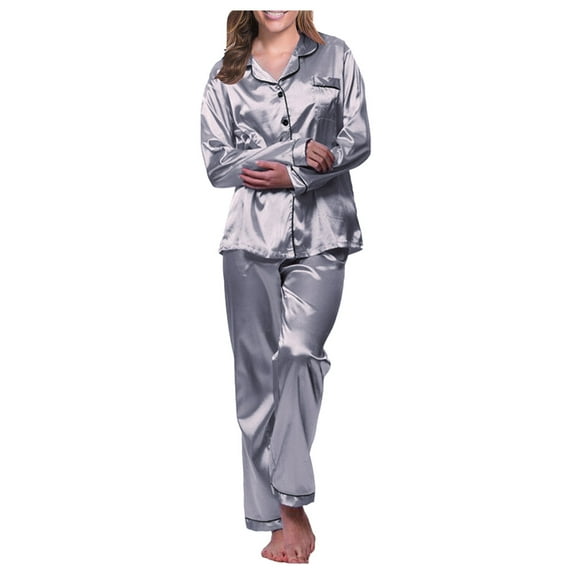 Baqcunre pajama sets for women 2 piece Womens Satin Pajama Set Long Sleeve Silky Sleepwear Soft Button Down Loungewear Silk Pjs Top with Pants Silver,M