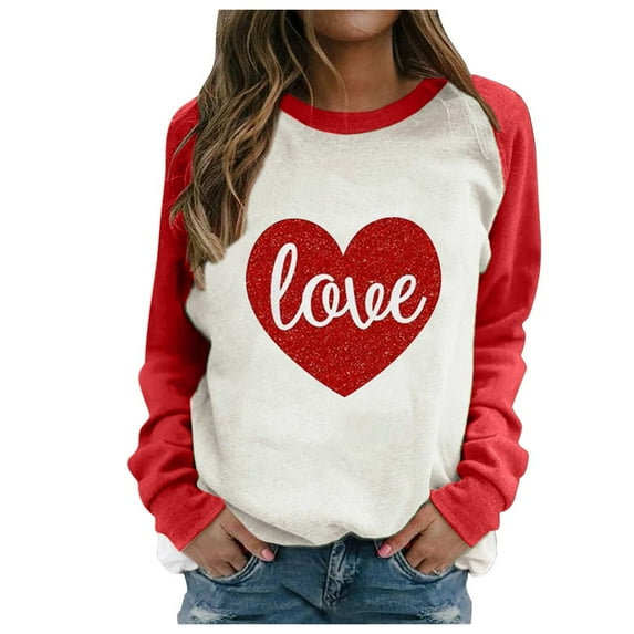 Baqcunre valentines day shirts women, Womens Tops Women's New Love Print Loose Raglan O-Neck Long-Sleeved Casual Sweatshirt Top Shirts for Women Graphic Tees Going Out Tops for Women Red M