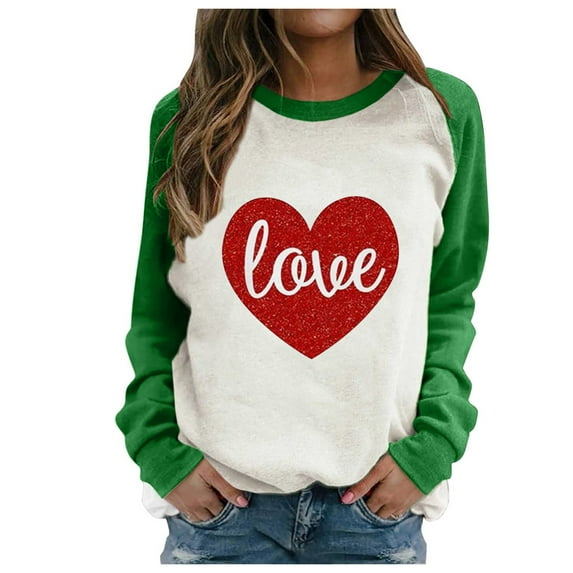 Baqcunre valentines day shirts women, Womens Tops Women's New Love Print Loose Raglan O-Neck Long-Sleeved Casual Sweatshirt Top Shirts for Women Graphic Tees Going Out Tops for Women Green XL