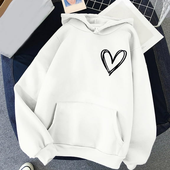 Baqcunre valentines sweater women Women's Print Long Sleeved Sweatshirt Blouse Pullover Solid Color Hooded White,2XL