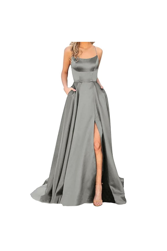 wedding guest dresses for women Prom Dresses Ladies Long Women Elegant Halter Backless Long DressesCrisn Satin Spaghetti Party Long Bridesmaid Grey,XL