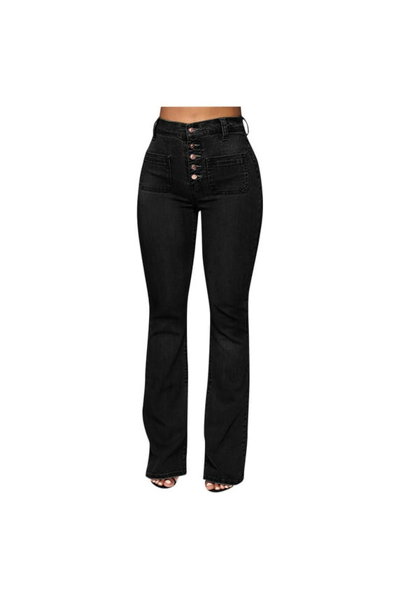 womens jeans Bell Bottom Jeans for Women Stretch Flare Dark Blue Bootcut High Waisted Skinny Wide Leg Flare Pants Black,L