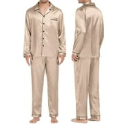 Baqcunre womens pajama sets Couples Matching Pajamas Sets Silk Satin Long Sleeve Sleepwear Button-Down Soft Loungewear Loose Pjs Set Beige,L