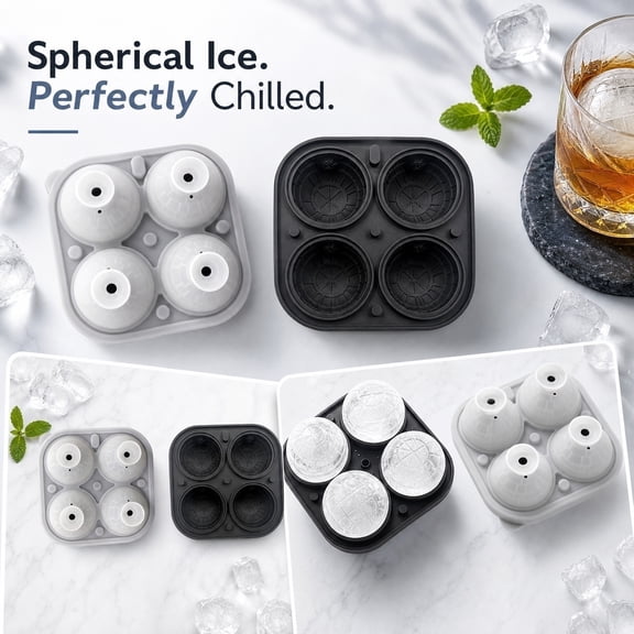 Bar Accessory Essentials, Ice Ball Maker Mold, Ice Molds for Cocktails, Large Ice Cube Molds, 5.5X5.5 Inch 4-Grid Round Ice Maker, Durable -Safe Silicone Design to Craft Smooth