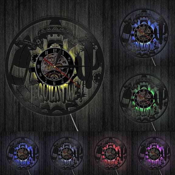 Bar Alcohol Restaurant Wine Drink Wall Art Pub Wall Decor Wall Clock Vintage Vinyl Record Wall Clock Tequila Club Business Sign With LED