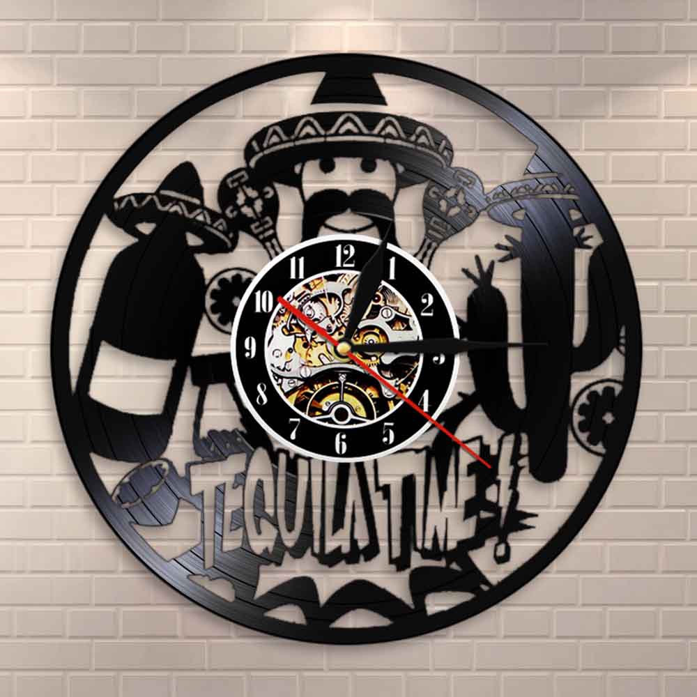 Vinyl Record Wall Clock - 'I Love Wine' Theme, Black, 12 Inch (30cm) Quartz Movement