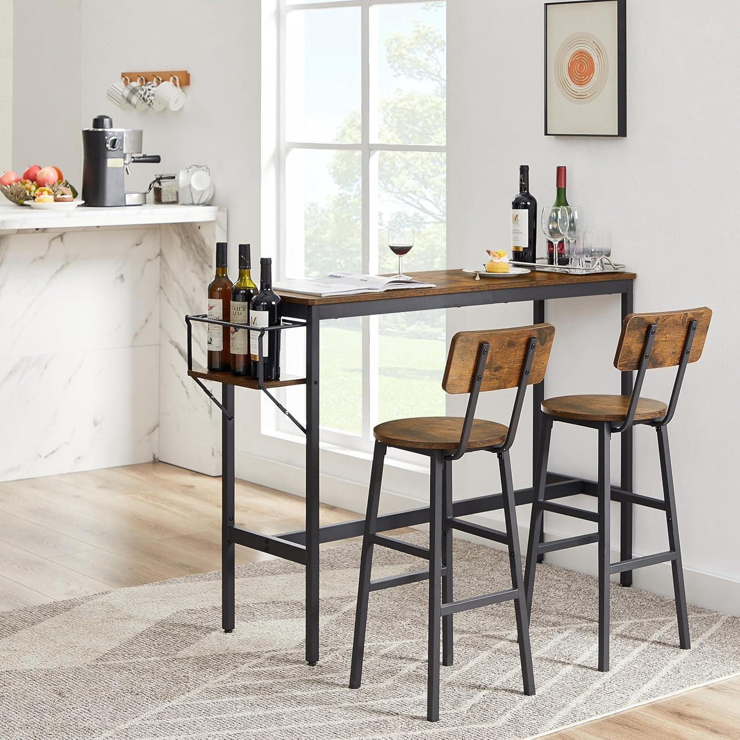 Bar Bistro Table Set with Wine Bottle Storage Rack, Bar Table Set with ...