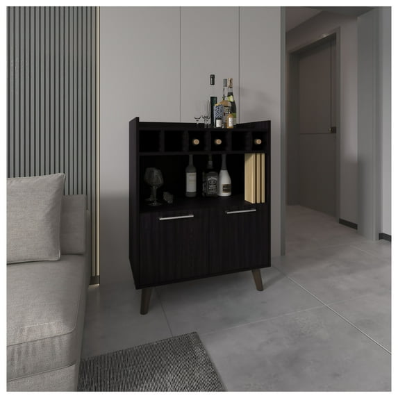 Bar Cabinet, 2 Doors, 1 Shelf, Black / Natural Oak