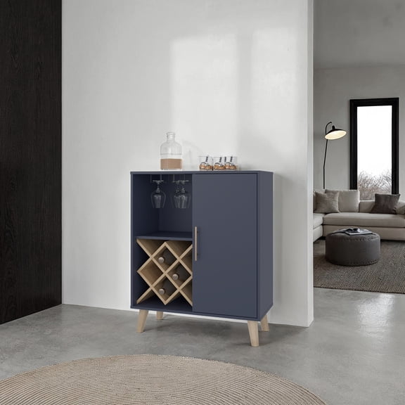 Bar Cabinet 38.6" H, 1 Door, 1 Drawer, 4 Shelves, Alby Blue / Natural Oak - Living Room