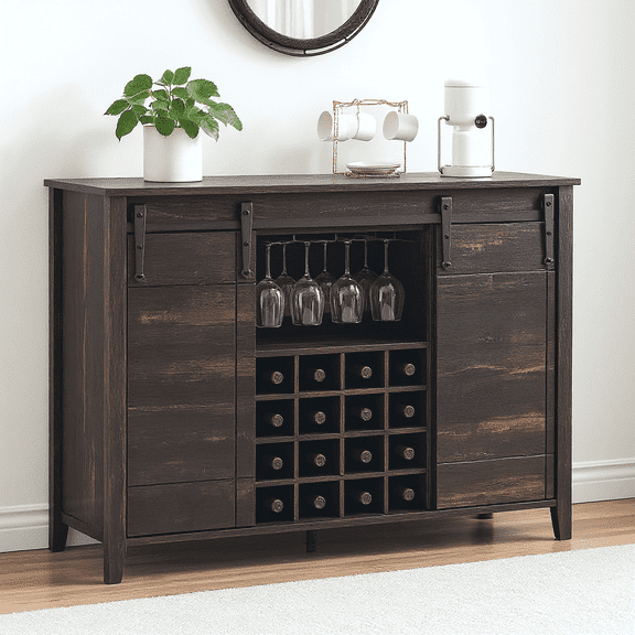 Bar Cabinet, 47" Buffet Server Sideboard with Sliding Barn Doors, Farmhouse Storage Cabinet Cupboard Table with Adjustable Shelf for Kitchen, Dining Room (Dark Brown)