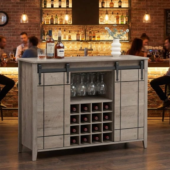 Bar Cabinet, 47" Buffet Server Sideboard with Sliding Barn Doors, Farmhouse Storage Cabinet Cupboard Table with Adjustable Shelf for Kitchen, Dining Room (Light Ivory)