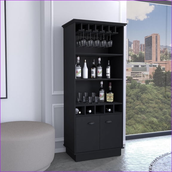Bar Cabinet 70-Inch High 10-Glass with 5 Cubbies, 3 Shelves & Cabinet | Particle Board | Modern