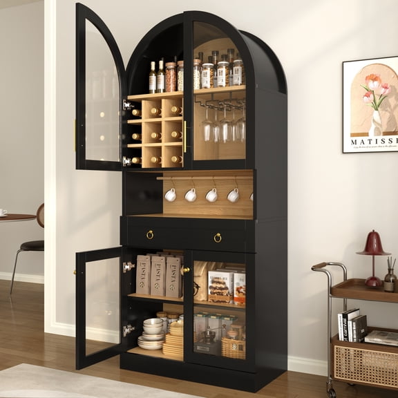 Bar Cabinet 70 Inch Tall with Arched Design and Wine Rack, Wine Liquor Cabinet and Coffee Bar Cabinet with Tempered Glass Doors, Black