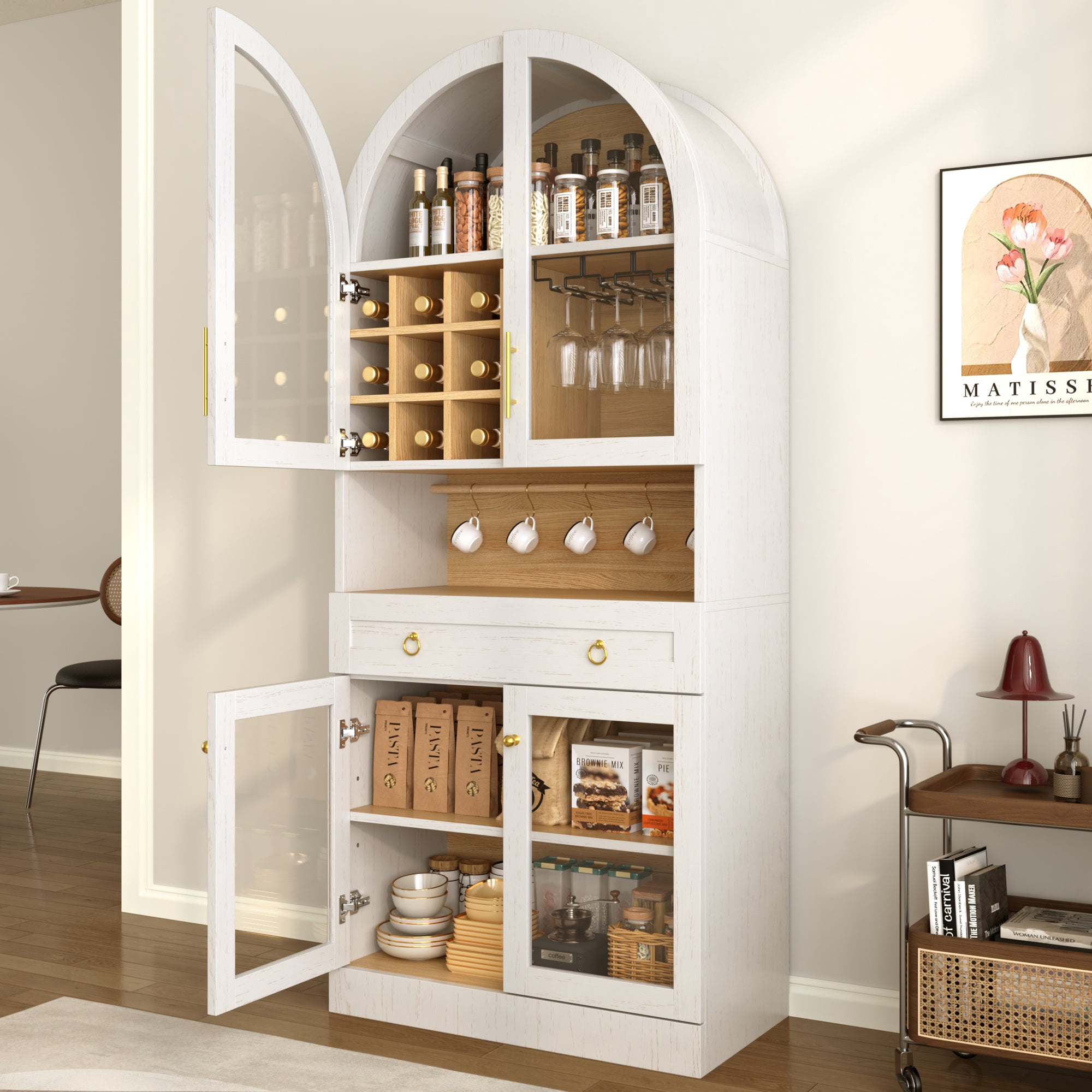 Bar Cabinet 70 Inch Tall with Arched Design and Wine Rack, Wine Liquor Cabinet and Coffee Bar Cabinet with Tempered Glass Doors, White