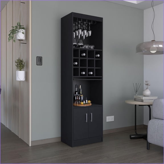Bar Cabinet, 71-Inch Modern Tall with 12 Bottle Cubbies, Stemware Rack | Engineered Wood | Shelves Included