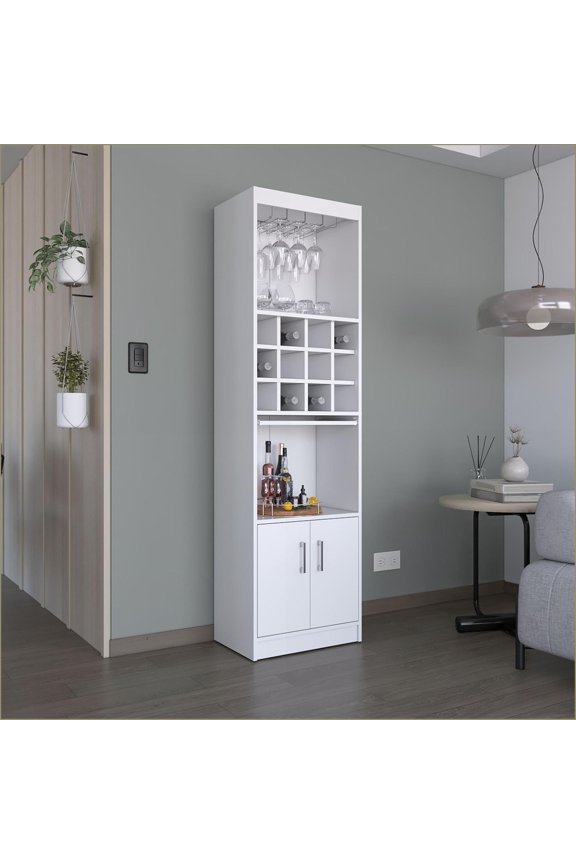 Bar Cabinet, 71-Inch Modern with 12-Bottle Cubbies, Stemware Rack & Pull-Out Tray | Engineered Wood | Modern