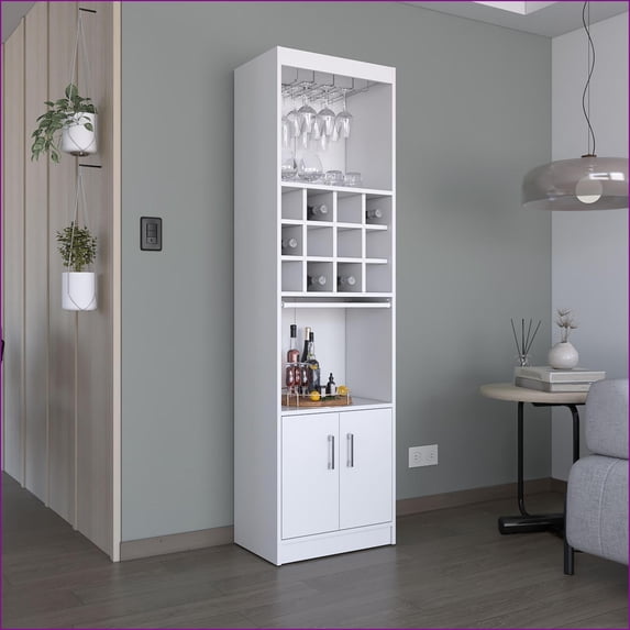 Bar Cabinet 71-Inch Modern with 12-Bottle Cubbies, Stemware Rack, Pull-Out Tray | Engineered Wood | Shelves Included
