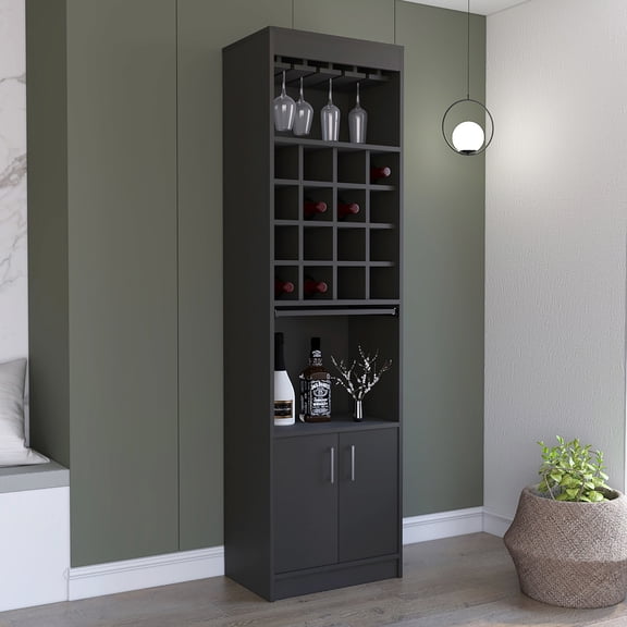 Bar Cabinet, Black, 16 Built-in Wine Rack, Two Door Cabinet With Shelves, Easy To Assemble, And Wood Blend Engineered Progression