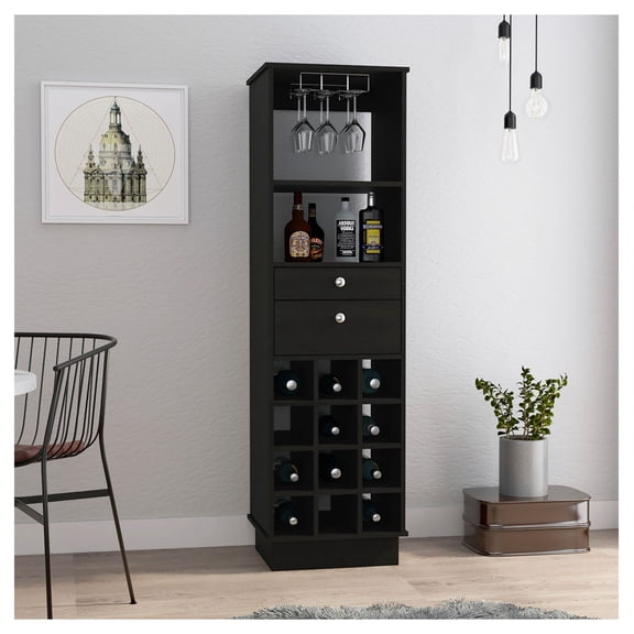 Bar Cabinet Black; Wine Rack Storage; Home Bar with Drawers; Classic Wood Liquor Cabinet; 63.2" Tall; 18.2" Wide