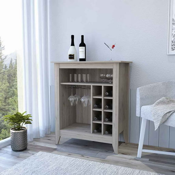 Bar Cabinet Castle - 6 Wine Cubbies, Light Gray Finish - One Open Shelf Storage
