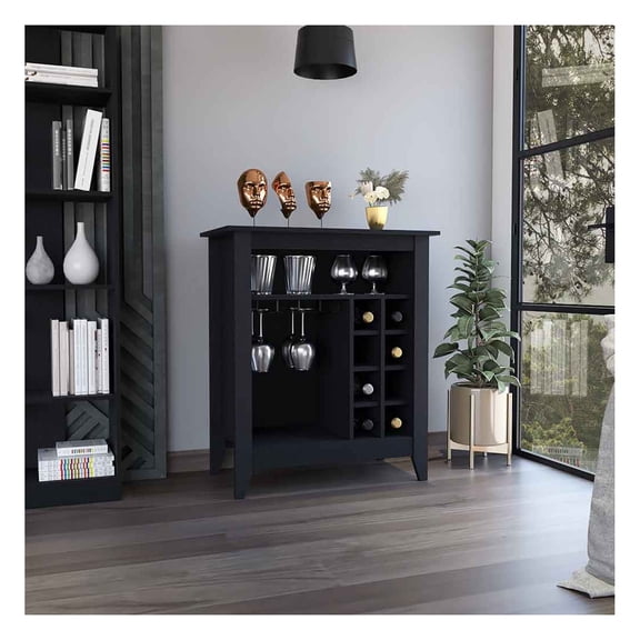 Bar Cabinet Castle, One Open Shelf, Six Wine Cubbies, Black Wengue Finish