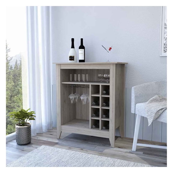 Bar Cabinet Castle, One Open Shelf, Six Wine Cubbies, Light Gray Finish