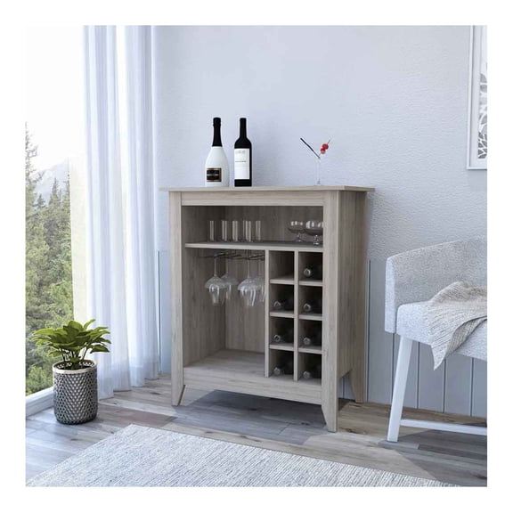 Bar Cabinet Castle, One Open Shelf, Six Wine Cubbies, Light Gray Finish