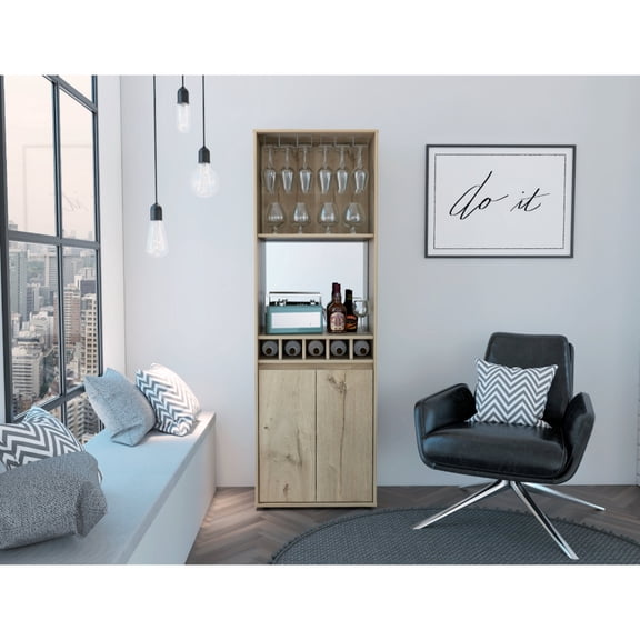 Bar Cabinet | Five Built - in Wine Racks for Display | Light Oak Color Scheme | Resolves Wine Display Concerns