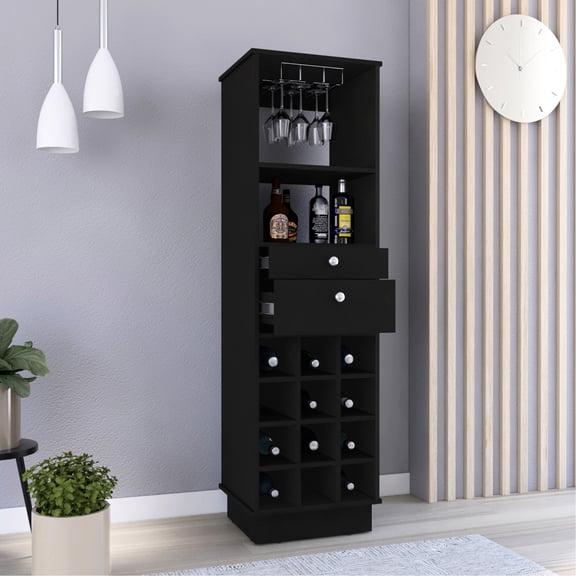 Bar Cabinet In Black Style With Storage: 2 Drawers, 12 Chic Cabinet: , Twelve Wine