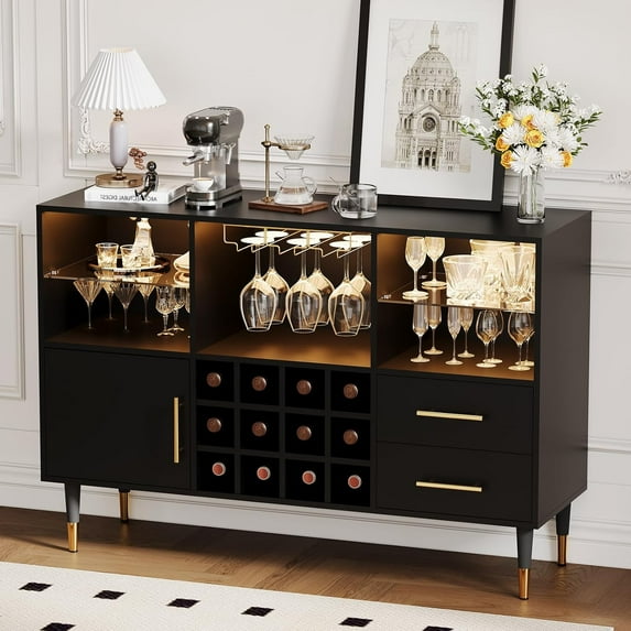Bar Cabinet with LED Lights & Charging Station, 47 Inch Kitchen Buffet Sideboard with Storage Drawers, Wine Rack & Doors, Modern Liquor Cabinet for Living Room, Dining Room, Home