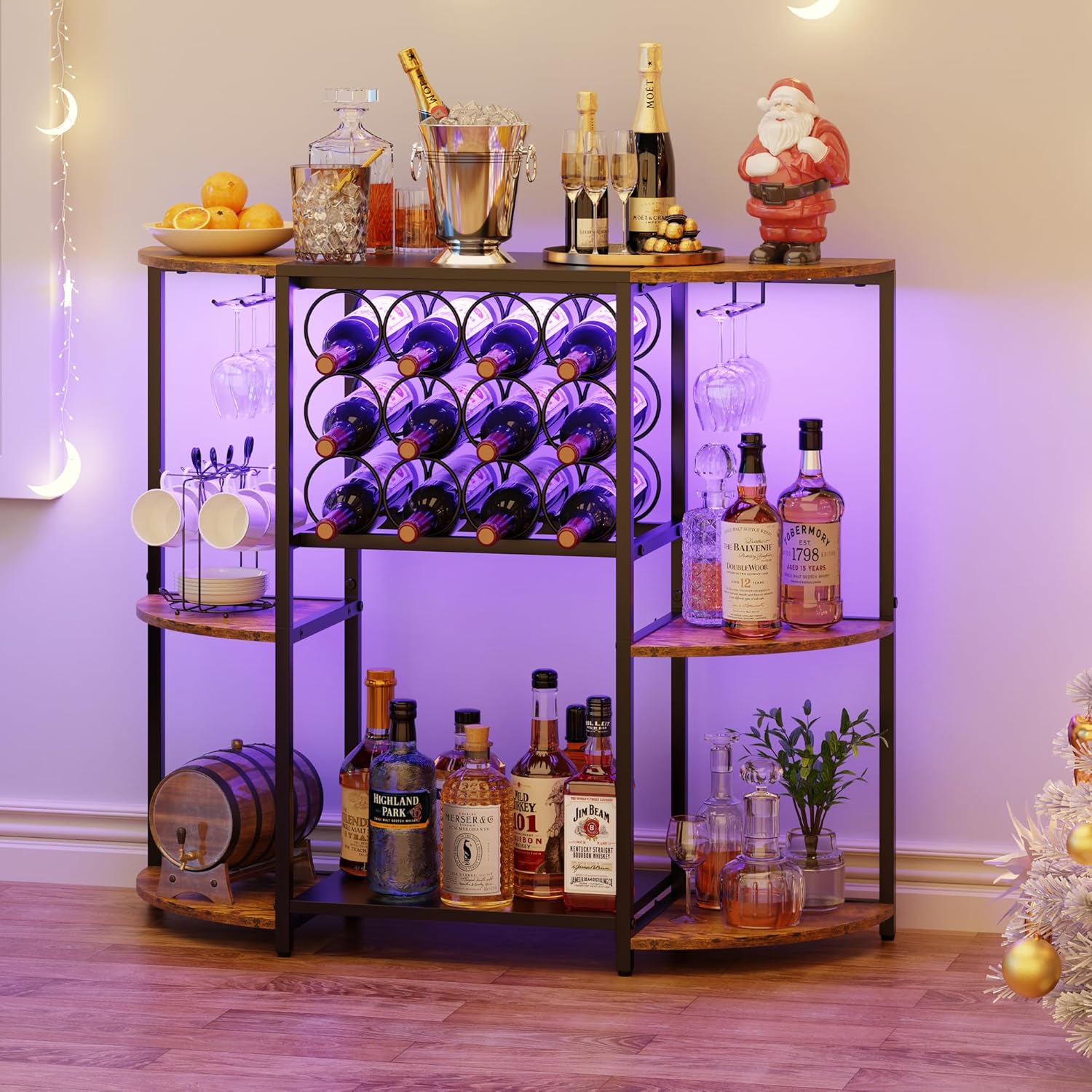 Bar Cabinet with LED Lights, Mini Rack with Storage and Glass Holder ...