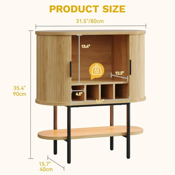 Bar Cabinet with LED Lights, Oval-Shaped Wine Bar Table with 2 Glass Holders, 4 Wine Racks, Open Shelf, Fluted Coffee Bar Liquor Cabinet for Home, Kitchen, Living Room, Natural Oak